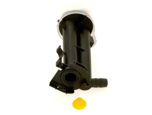 Siphon aus schwarzem Kunststoff mit mehreren Rohren und einer gelben Verschlusskappe. Typische Bauform, wie sie auch bei Bosch-Produkten vorkommt.